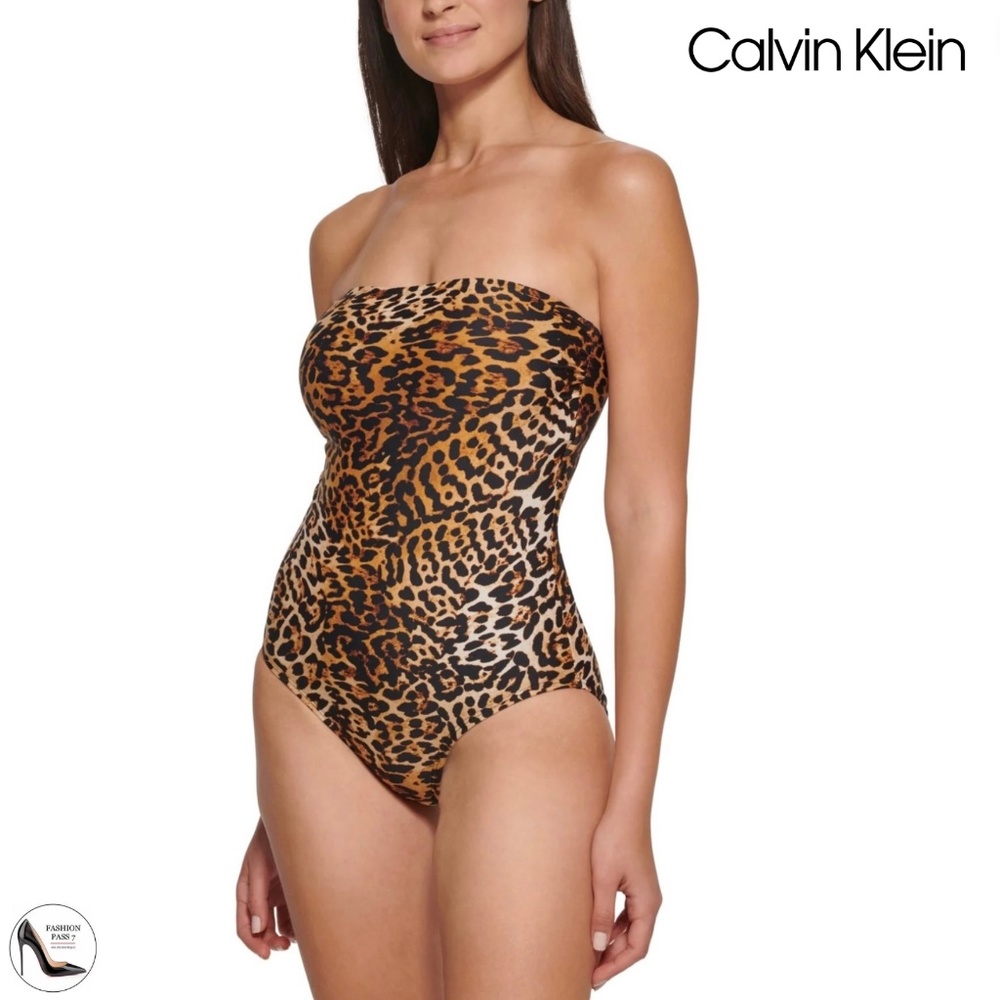 Calvin Klein Jaguar One Piece Swimsuit Strapless Tummy Control Leopard Swimwear